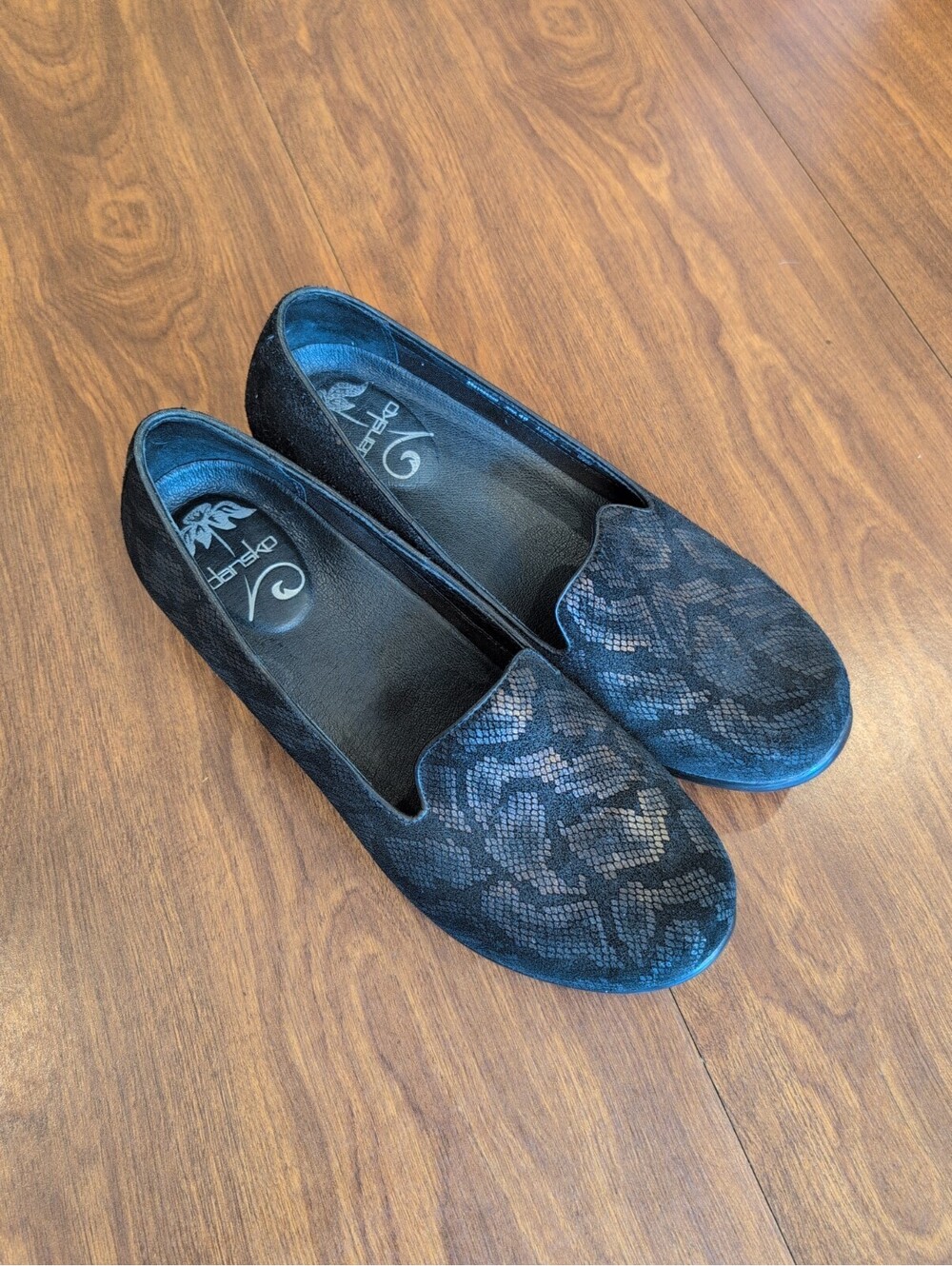 Dansko Olivia Women 9.5 Black Gold Animal Print Leather Slip On Comfort Shoes 40